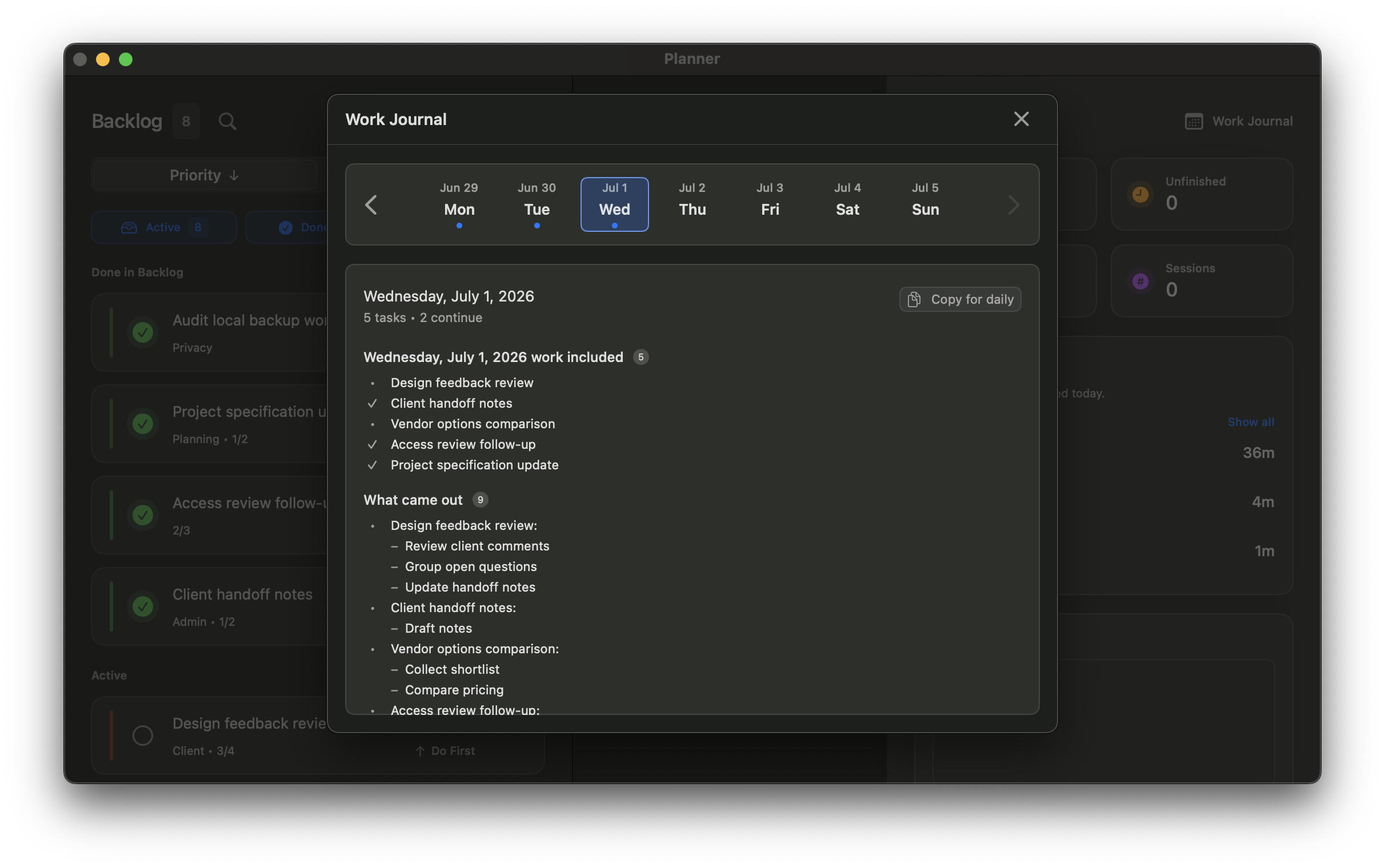 Workframe Work Journal in dark mode with completed work and results.