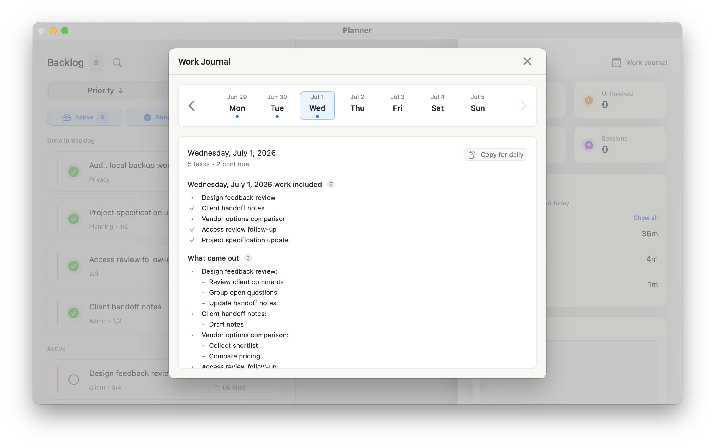 Workframe Work Journal in light mode with a daily report ready to copy.