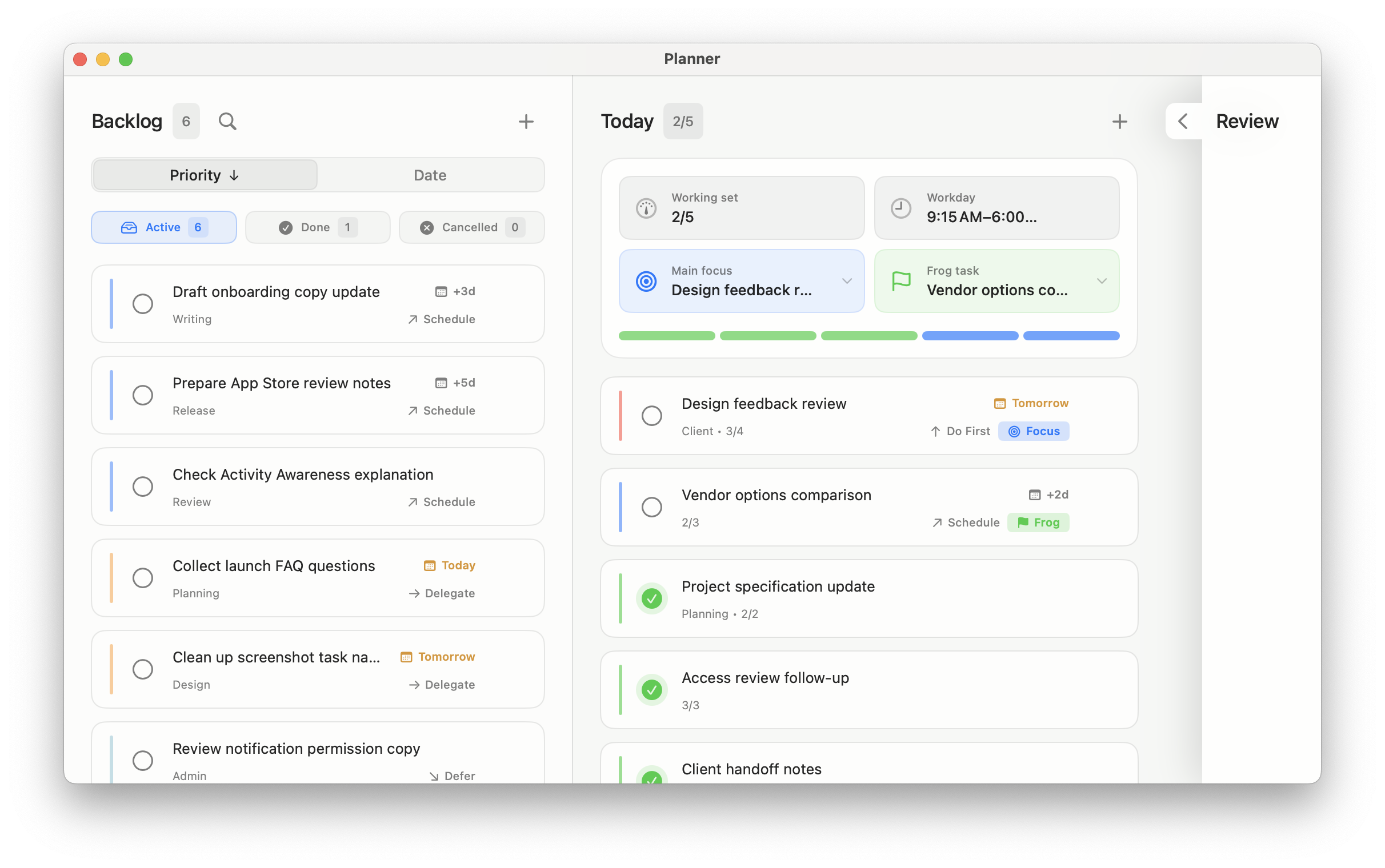 Workframe Planner in light mode with Backlog, Today, main focus, frog task and completed work.