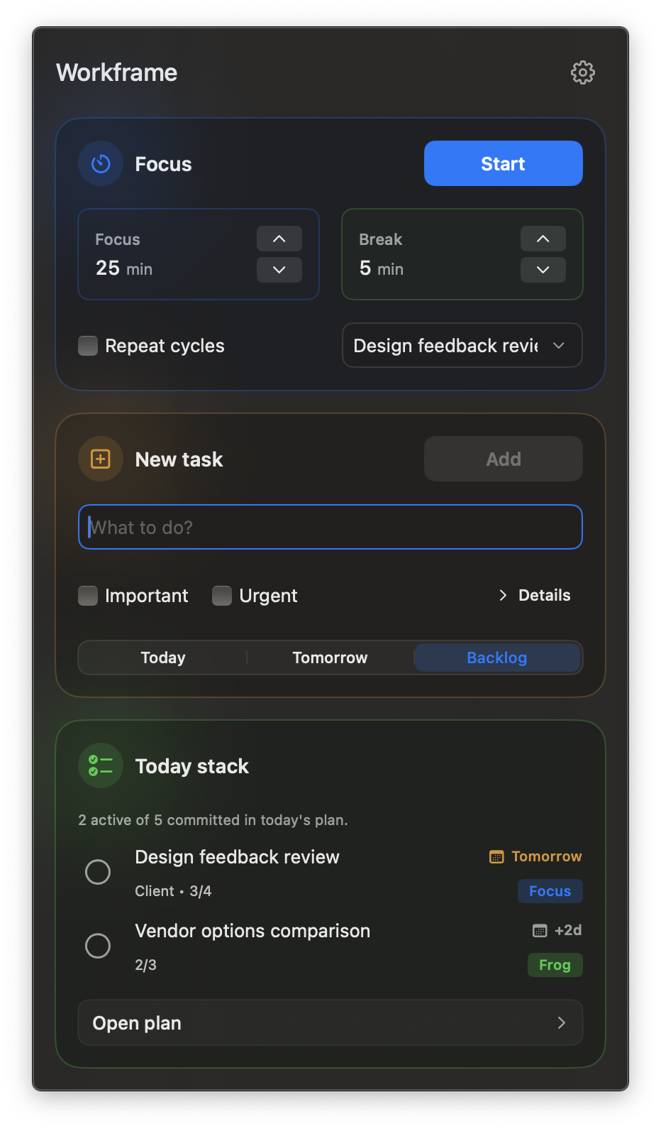 Workframe menu-bar popover in dark mode with focus controls, quick capture and Today stack.