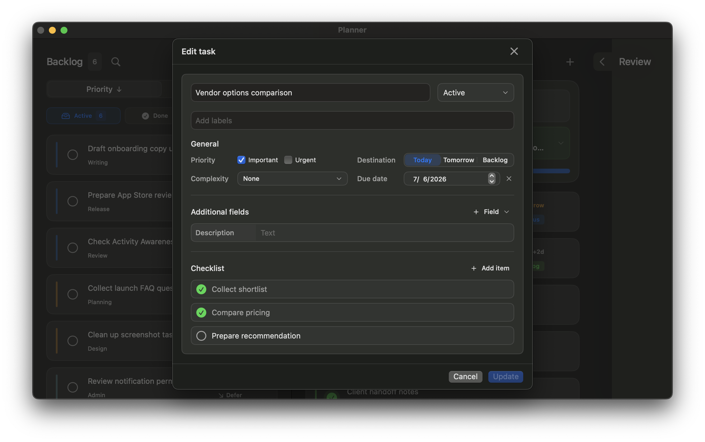 Workframe task editor in dark mode showing checklist progress and task details.