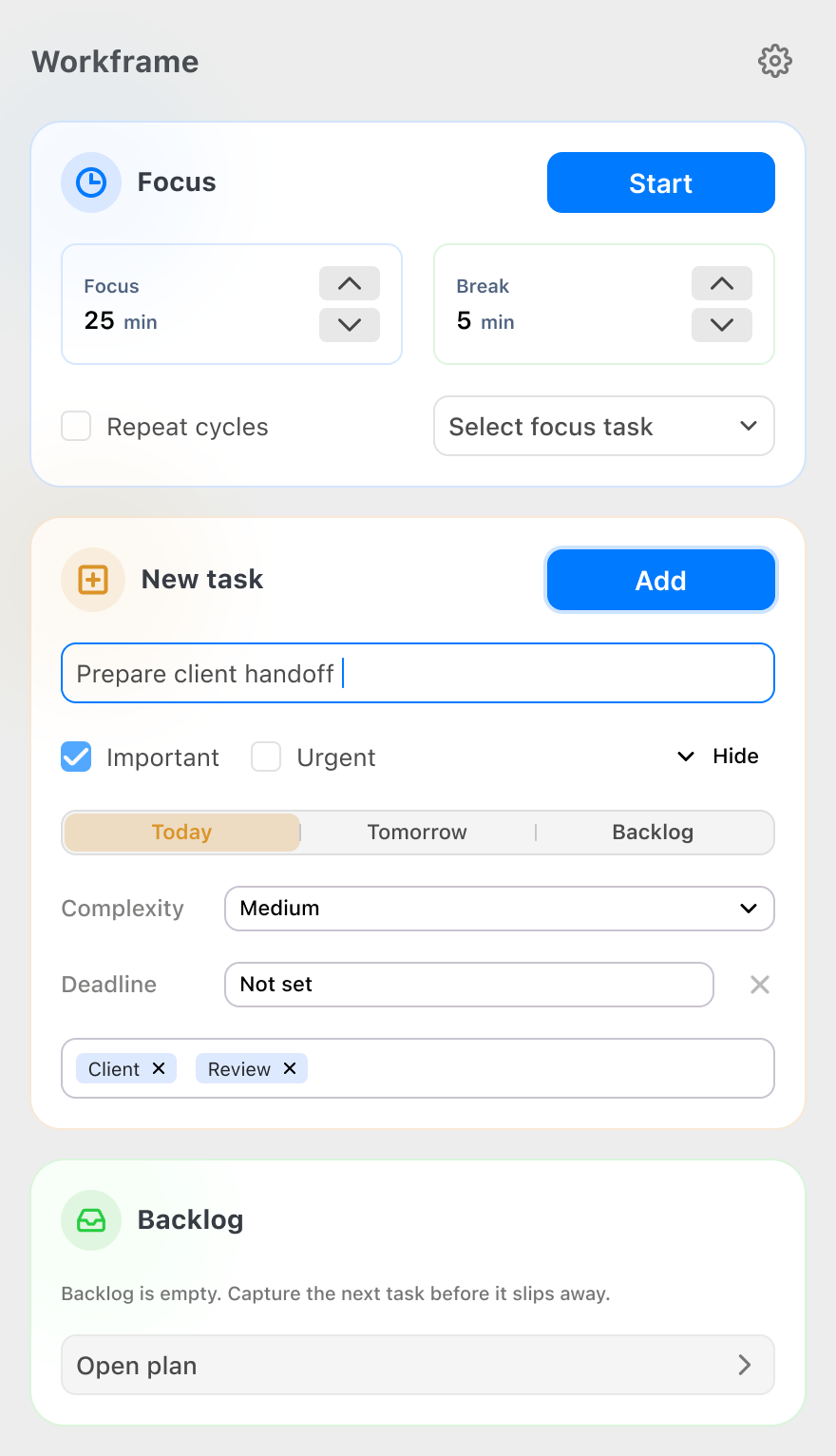 Add a task in the Workframe quick capture widget.