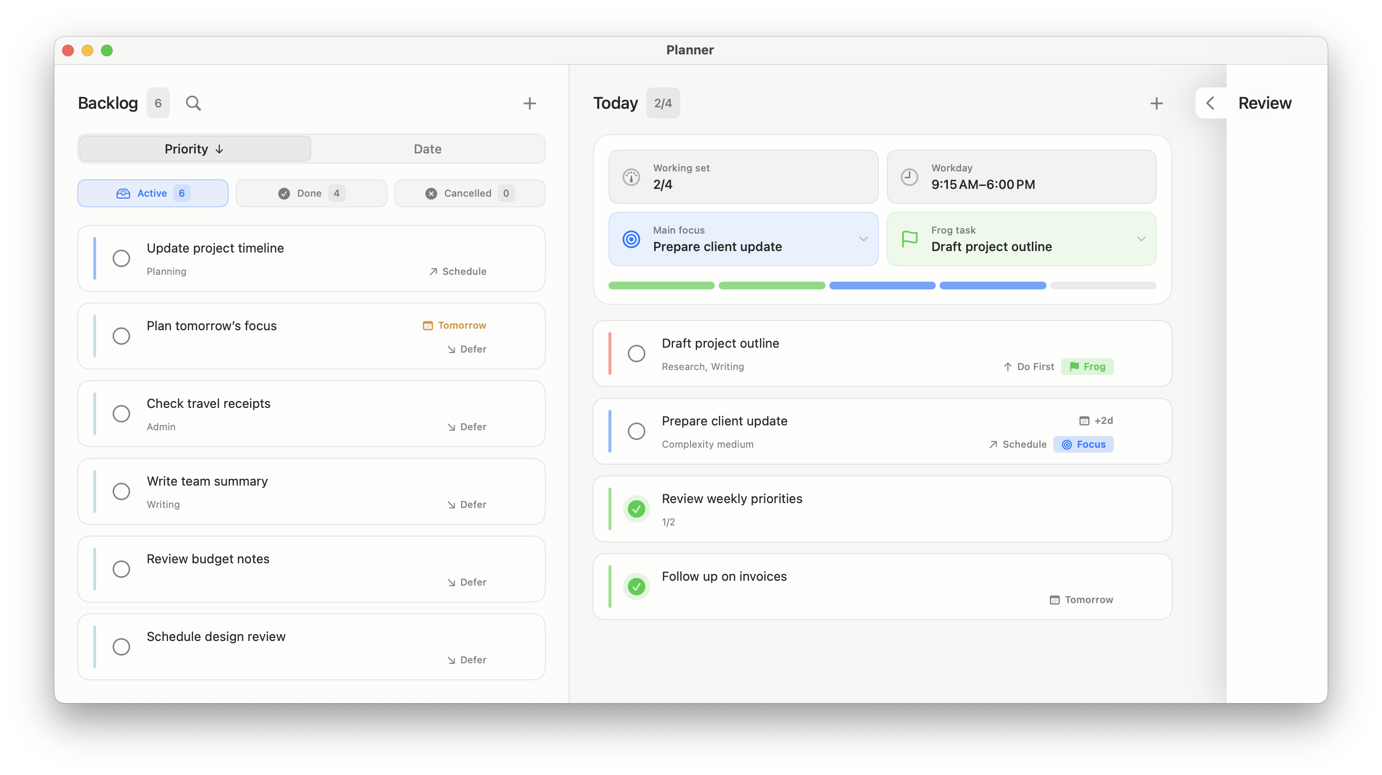 Выбор главного в Планере Workframe: небольшой список на сегодня, главный фокус и сложная важная задача.
