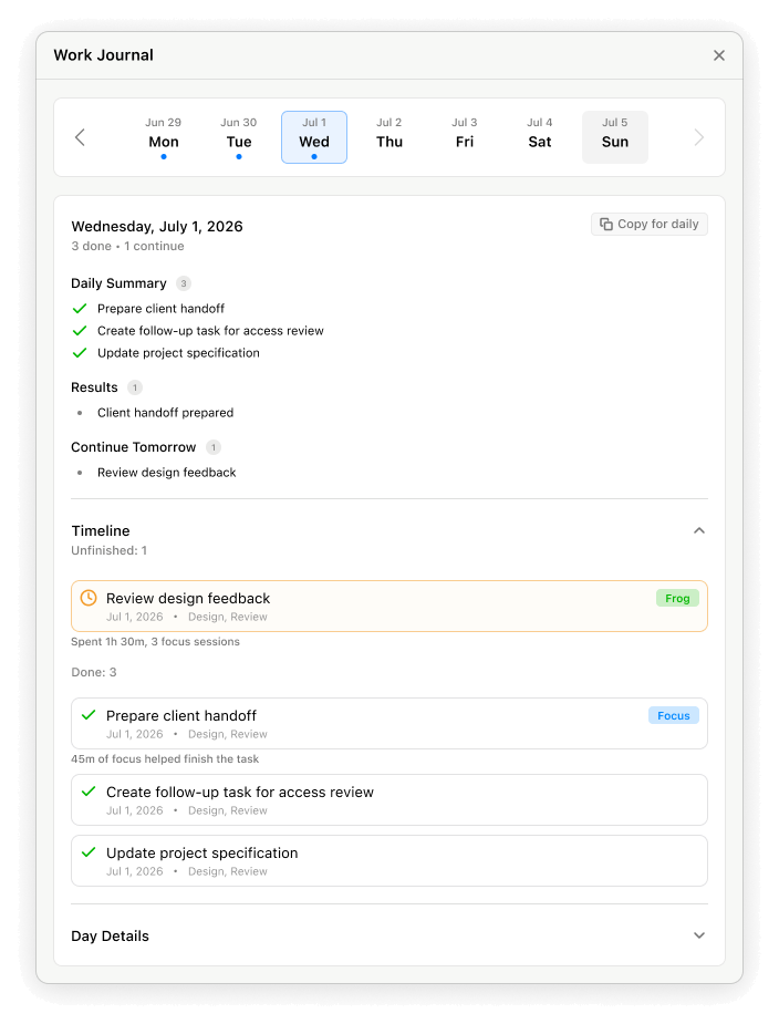 Workframe Work Journal with daily summary, continuing work and task timeline.